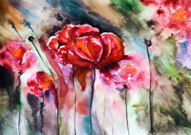 Blossoming poppy and poppy buds drawn by water color color on a water color paper
